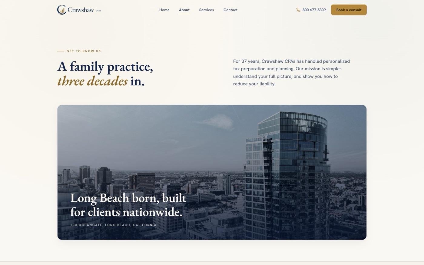 Crawshaw CPAs about page. Headline reading A family practice, three decades in, above a cinematic navy-graded photo of downtown Long Beach captioned Long Beach born, built for clients nationwide.