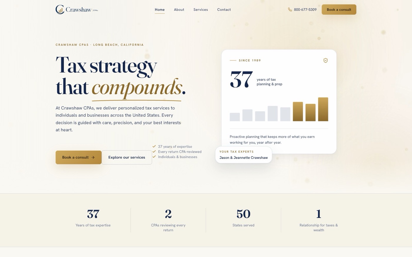 Crawshaw CPAs homepage. Serif headline reading Tax strategy that compounds, warm ivory canvas, navy ink, a gold stat card marking 37 years of tax planning.