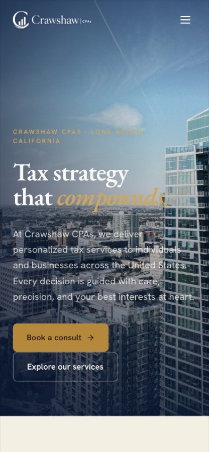 The Crawshaw CPAs homepage on a phone: the serif headline and consult button compose cleanly at mobile width.