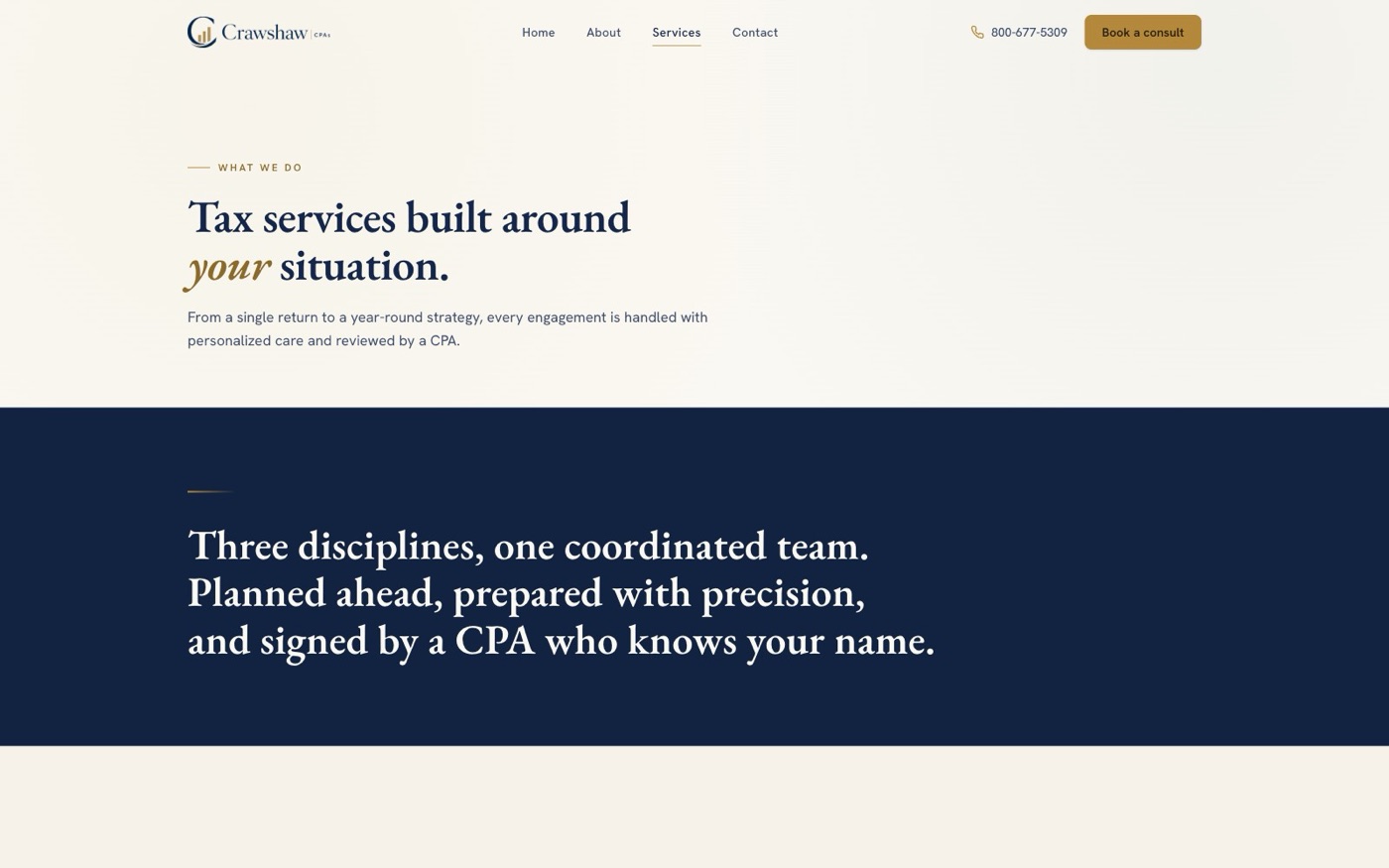 Crawshaw CPAs services page. Headline reading Tax services built around your situation, followed by a full-bleed navy band with a serif statement about three disciplines and one coordinated team.